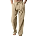 thumbnail image 1 of QATAINLAV Drawstring Pants Men Cotton Linen Comfy Wide Leg Pants Summer Casual Breathable Beach Pants Basic Solid Color Straight Trousers with Pockets Khaki L, 1 of 6