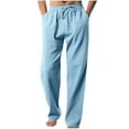 thumbnail image 1 of QATAINLAV Drawstring Pants Men Cotton Linen Comfy Wide Leg Pants Summer Casual Breathable Beach Pants Basic Solid Color Straight Trousers with Pockets Today Sales Light Blue M, 1 of 6