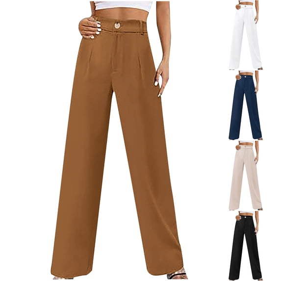 QATAINLAV Dress Pants Women Business Casual Work Office Pants Button High Waisted Wide Leg Pant Solid Color Dressy Trousers with Pockets Beige XL