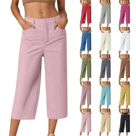 QATAINLAV Dress Pants for Women Casual Straight Wide Leg Chino Short Work Trousers Solid Color Loose Business Capris Yellow XL Ofertas Relampago de Hoy
