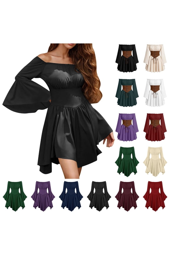 Dress for Women Off Shoulder Long Sleeve Lace Up Corset Pirate Dresses Irregular Hem Renaissance Dress Halloween Costume, Beige, M