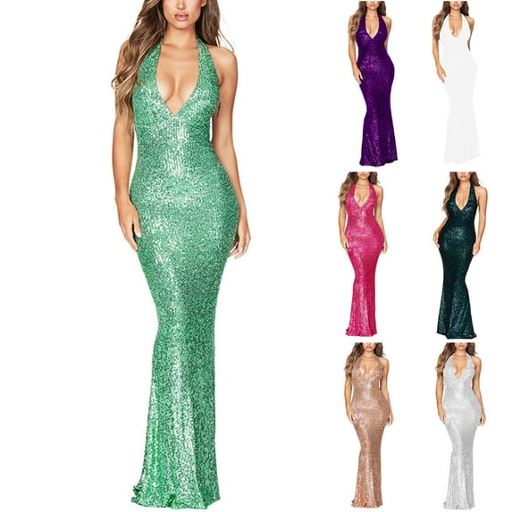 QATAINLAV Dresses for Women Casual Halter Neck Backless Slit Party Dress Fashion Sequin Glitter Wedding Guest Dresses Bodycon Cocktail Dress Green L