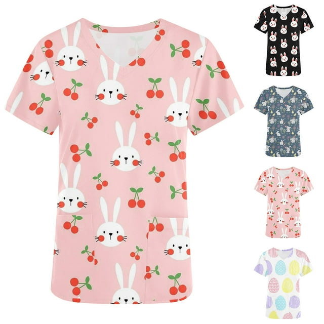 QATAINLAV Easter Day Scrub Tops for Women Stretchy Vneck Short Sleeve Cute Bunny Eggs Printed Holiday Nursing Pocketed Working Uniforms Clearance Sale Pink M