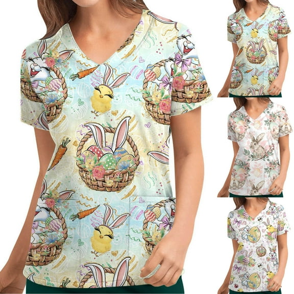 QATAINLAV Easter Scrub Tops Women Cute Nuring Working Uniform Scrubs Shirt V Neck Short Sleeve Easter Eggs Bunny Graphic Tees with Pockets Lightning Sales of The Day Blue XXL