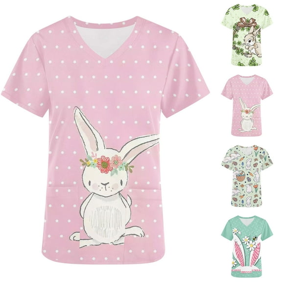 QATAINLAV Easter Scrub Tops Women Funny Rabbit Egg Graphic Short Sleeve V Neck Uniform Shirt Loose Work Blouse with Pockets Sales of Today Green XXL