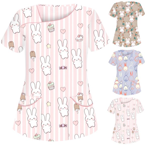 QATAINLAV Easter Scrub Tops Women Working Uniform Short Sleeve Scrub Pockets Shirt Bunny Animal Printing Tee Shirt Daily Sales Purple M