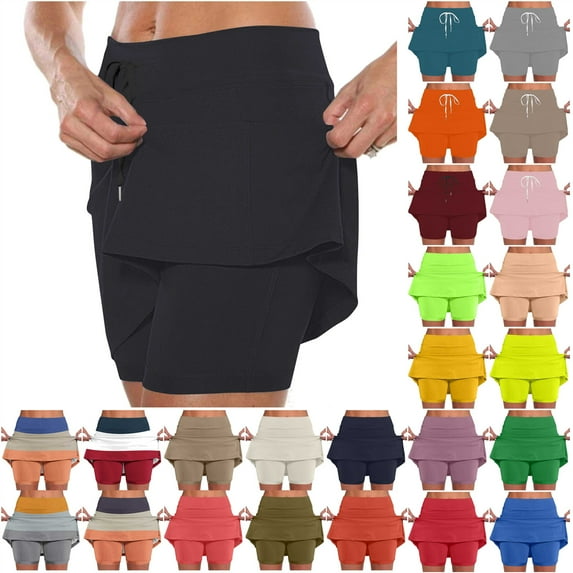 QATAINLAV Elastic Yoga Culottes for Women Drawstring Waist Workout Jogger Tennis Skirts with Biker Shorts Solid Color Athletic Golf Skorts Mini Skirt Sky Blue L Sale of The Day