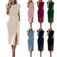 thumbnail image 1 of QATAINLAV Elegant Office Cocktail Dress for Women Casual Crew Neck Button Split Hem Business Work Pencil Midi Dresses with Pockets, Navy, XL, 1 of 7
