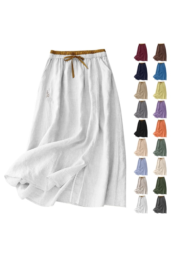 Embroidery Maxi Skirts for Women with Pockets Solid Casual Midi Length Long Skirt Beach Party Holiday Cotton Linen Skirt, Yellow, L, Mother's Day Gifts