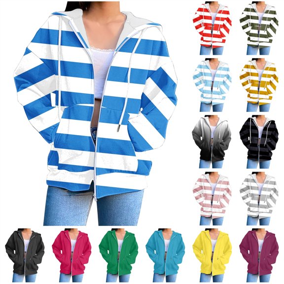 QATAINLAV Fall Clothes for Women Zip Up Long Sleeve Hooded Sweatshirts Jackets with Pocket Fashion Stripe Drawstring Hoodies Coats, Blue, M
