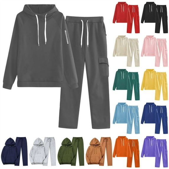 QATAINLAV Fall Outfits for Women Casual Long Sleeve Hoodie Sweatshirts and Wide Leg Cargo Pants Solid Color Fleece 2 Piece Sets Y2k Clothes, Red, L, Mothers Birthday Gifts
