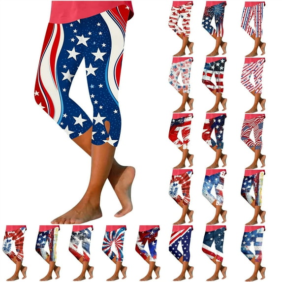 QATAINLAV Ladies 4th of July Capri Leggings, American Flag Patriotic Cropped Pants Summer Plus Size High Waisted Workout Yoga Legging Capris Red M