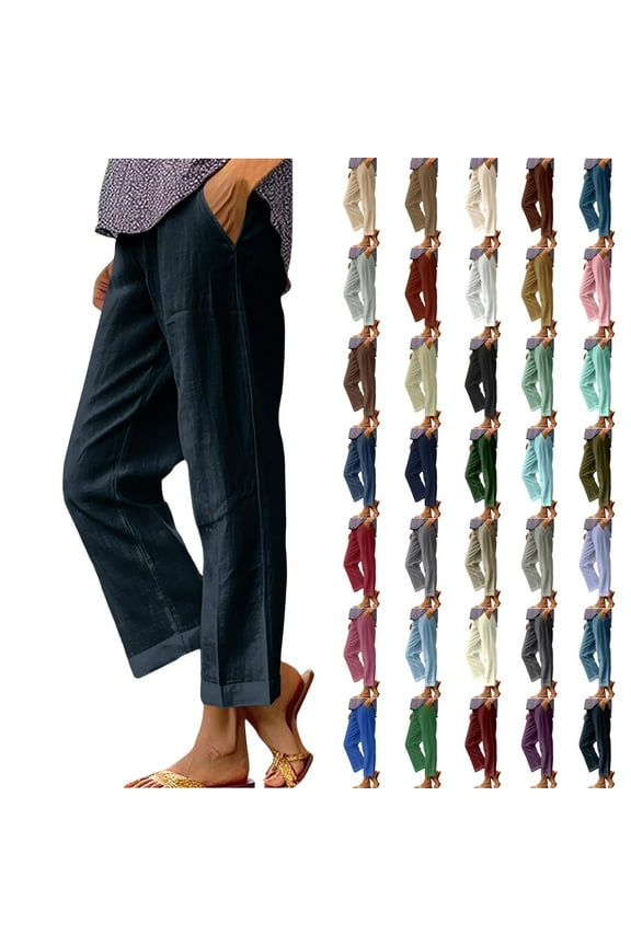 Linen Pants for Women Casual High Waisted Straight Leg Cropped Trousers Solid Color Comfy Soft Lounge Capri Pants with Pockets Beach Vacation Clothes Gray S