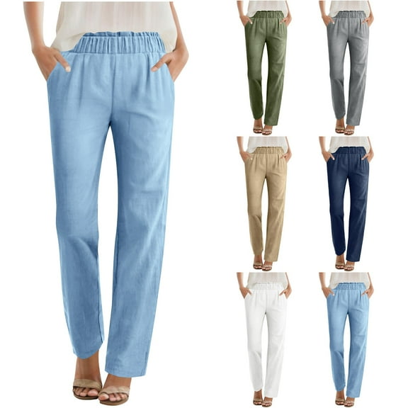 QATAINLAV Linen Pants for Women Casual Elastic Waist Lightweight Summer Beach Pant Solid Color Harem Long Trousers Navy L