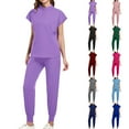 thumbnail image 1 of QATAINLAV Scrubs for Women 2 Piece Set Short Sleeve Stand Collar Scrub Top & Jogger Pants Workwear Uniform Scrub Sets Purple L, 1 of 5