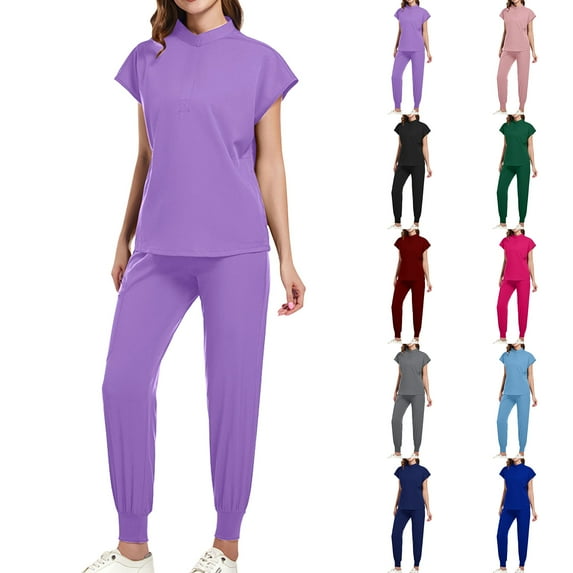 QATAINLAV Scrubs for Women 2 Piece Set Short Sleeve Stand Collar Scrub Top & Jogger Pants Workwear Uniform Scrub Sets Purple L