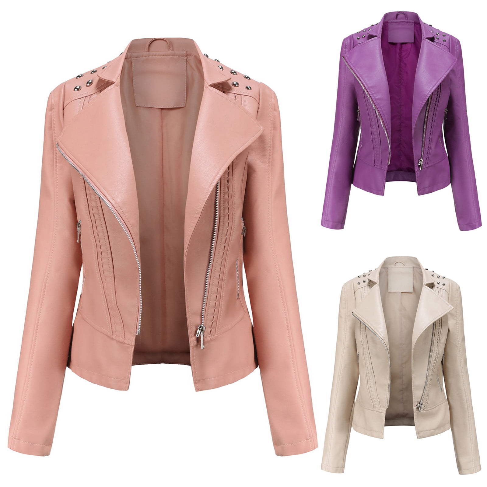 QATAINLAV Women's Casual Light Studded Shoulder Moto Biker Jackets Solid Casual Oblique Zip Faux Leather Motorcycle Coat Pink M
