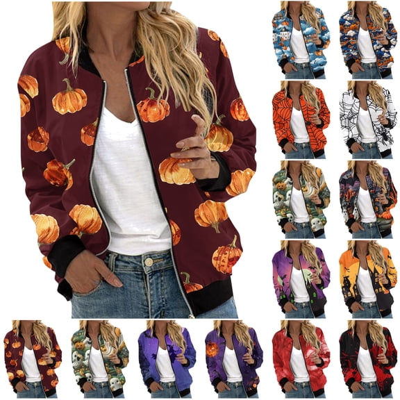 QATAINLAV Womens Bomber Jacket Long Sleeve Zip Up Halloween Printed Outerwear Lightweight Loose Casual Fall Coats with Pockets Multicolor M