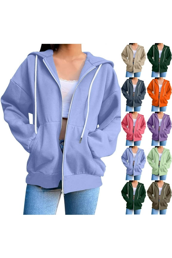 Fashion Hoodies for Women Loose Fit Zipper Sweatshirt Jackets Outdoor Long Sleeve Zip up Hooded Jacket with Pockets, Orange, L