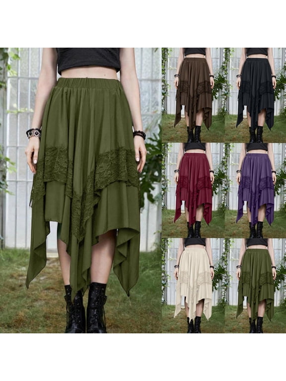 Renaissance Long Skirt for Women Lace Layered Y2K Midi Skirts Flowy Asymmetrical Gothic Pirate Skirt Army Green M