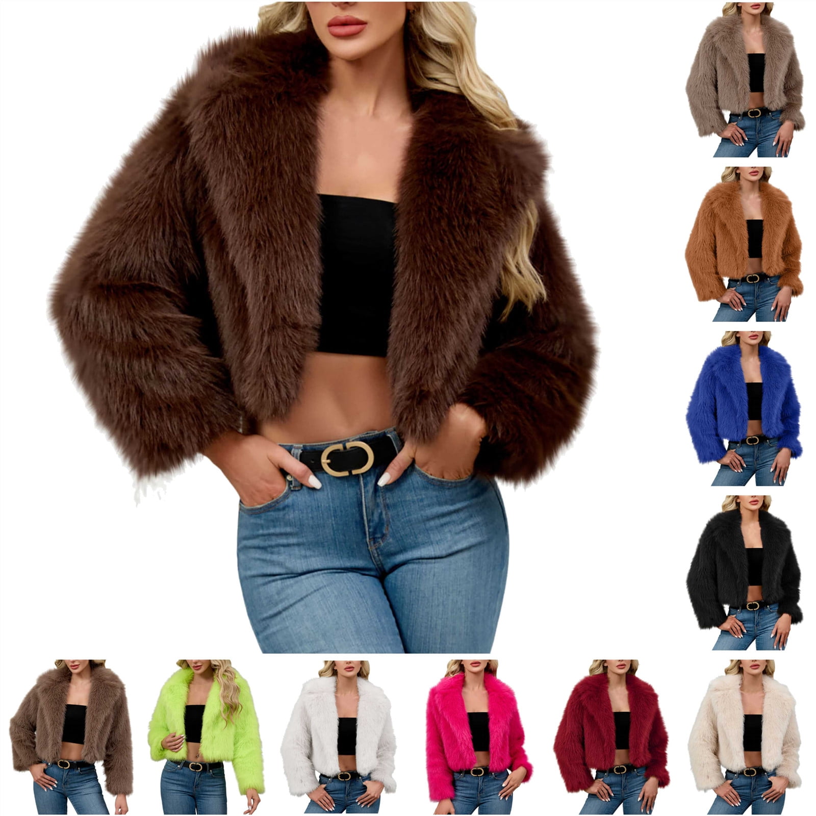 QATAINLAV Faux Fur Coats for Women Open Front Long Sleeve Lapel Fluffy Jacket Warm Shaggy Winter Outerwear, Brown, S