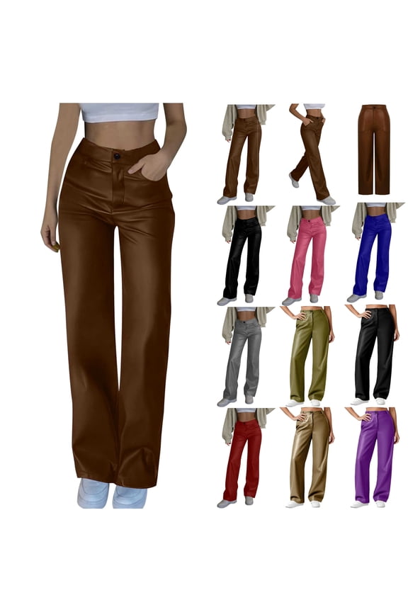 Faux Leather Pants for Women High Waisted Straight Leg Trousers Streetwear Going Out Outfits, Black, M