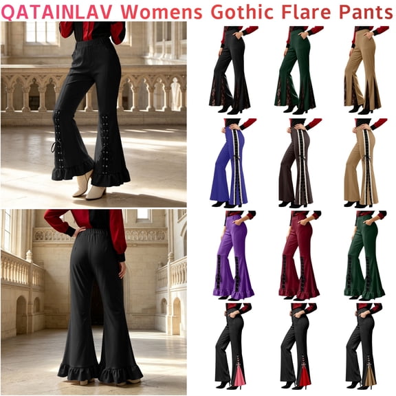 QATAINLAV Female Pull On Stretchy Bell Bottom Trousers Gothic Lace Up Ruffle Hem Flare Pantswith Pockets Halloween Costume Purple M