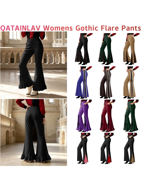 Female Pull On Stretchy Bell Bottom Trousers Gothic Lace Up Ruffle Hem Flare Pantswith Pockets Halloween Costume Purple M