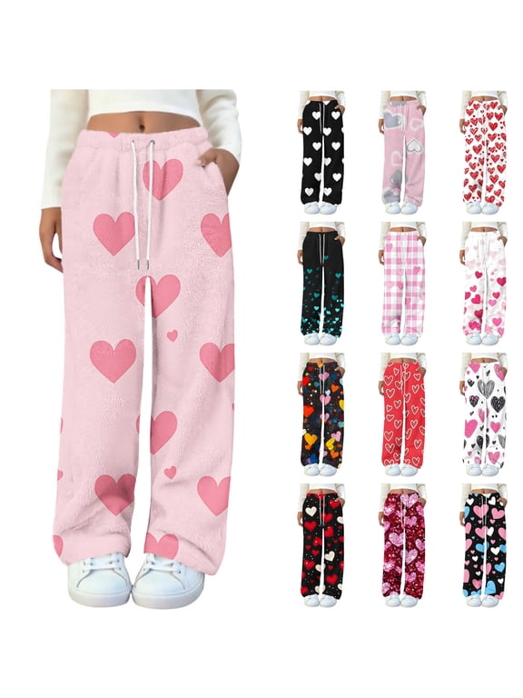 Flannel Pajama Pants Women Heart Print Fuzzy Fleece Sleep Bottoms Drawstring Comfy Lounge Pant with Pockets Sleepwear Red M