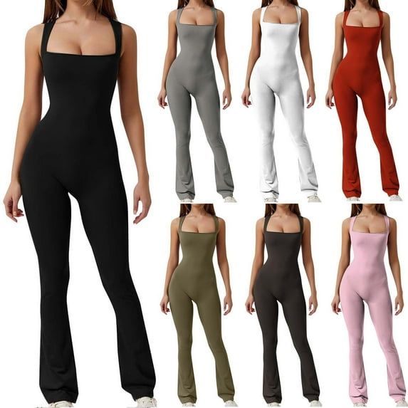 QATAINLAV Flare Jumpsuits for Women Strappy Square Neck Overalls Bodycon Full Length Rompers Long Pants Solid Color Workout Playsuit Sport Bodysuit Black L