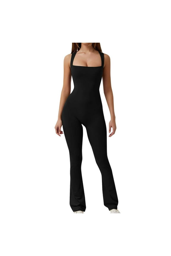 Flare Jumpsuits for Women Strappy Square Neck Overalls Bodycon Full Length Rompers Long Pants Solid Color Workout Playsuit Sport Bodysuit, Black, S