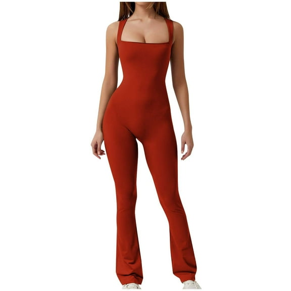 QATAINLAV Flare Jumpsuits for Women Strappy Square Neck Overalls Bodycon Full Length Rompers Long Pants Solid Color Workout Playsuit Sport Bodysuit, Red, XXL
