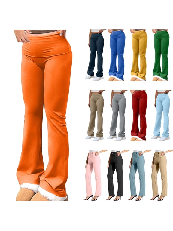 Flare Leggings for Women Fall, High Waist Pull On Workout Leggings Bell Bottom Gym Yoga Pants Solid Color Workout Trousers, Pink, M
