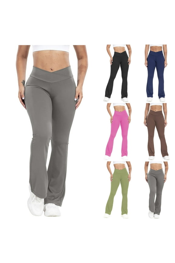 Flare Leggings for Women Cross Over High Waisted Yoga Pants Solid Color Tummy Control Wide Leg Workout Flared Pants Gray M Birthday Gifts