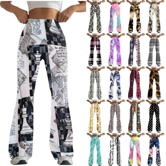 QATAINLAV Flare Leggings for Women High Waisted Tummy Control Yoga Pants Buttery Soft Bell Bottom Pants Vintage Print Workout Tights Today Sales Yellow XL