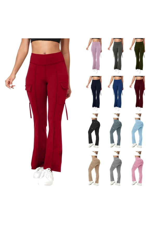 Flare Leggings for Women Workout Gym Tummy Control Scrunch Butt Yoga Pants Drawstring Cargo Sweatpants with Pockets, Black, M