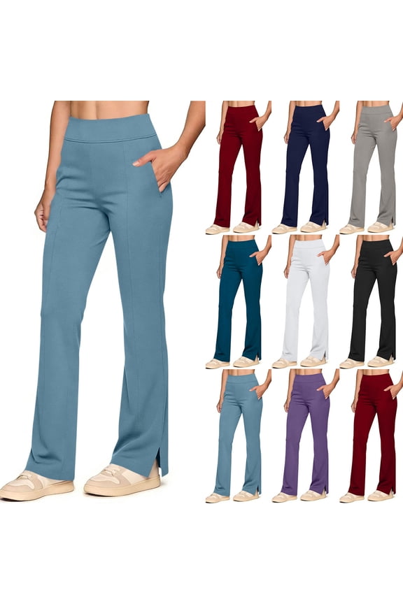 Flare Leggings for Women Casual High Waisted Workout Yoga Pants Solid Color Slits Bell Bottom Trousers with Pockets Gray S