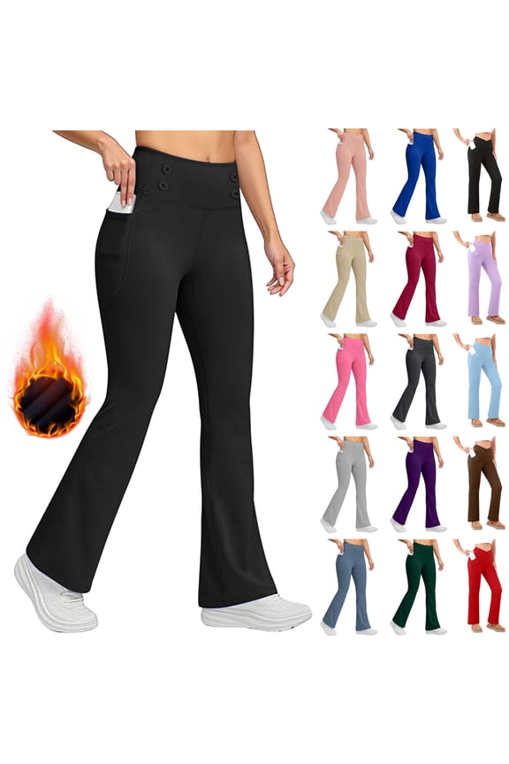 Flare Leggings for Women Winter Fleece Sherpa Lined Yoga Pants Solid Casual Bootcut Bell Bottom Trousers with Pockets, Blue, XXL