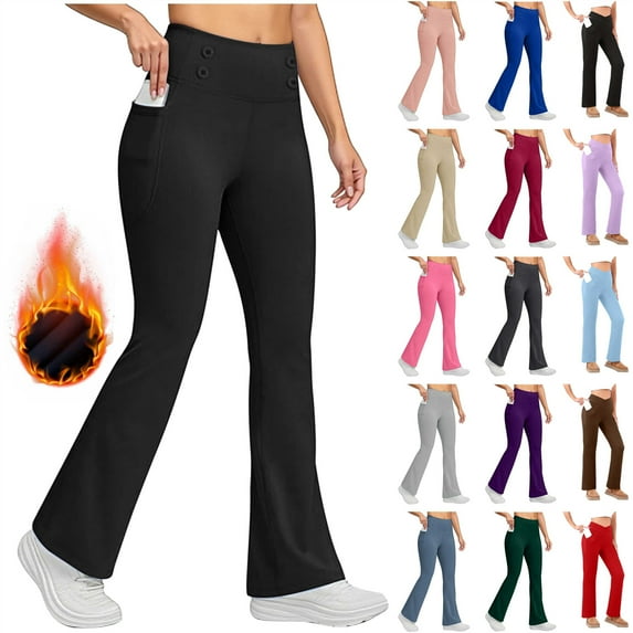 QATAINLAV Flare Leggings for Women Winter Fleece Sherpa Lined Yoga Pants Solid Casual Bootcut Bell Bottom Trousers with Pockets, Purple, XL