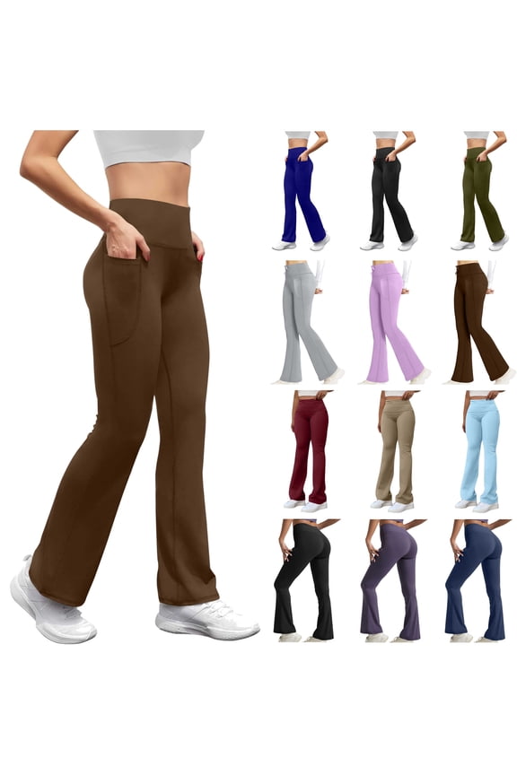 Flare Leggings with Pockets for Women Tummy Control Bootcut Yoga Pants Solid Casual High Waisted Workout Legging, Pink, XXL