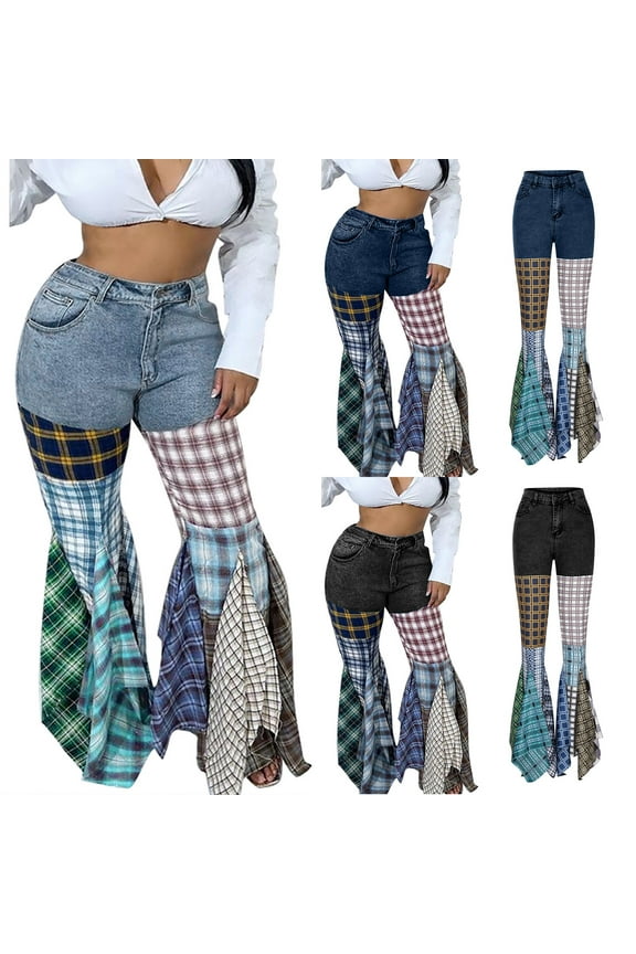Flare Pants Jeans for Women Stretchy High Waisted Plaid Patchwork Bell Bottoms Casual Straight Leg Denim Trousers Streetwear with Pockets Prime Sales Today Light Blue S