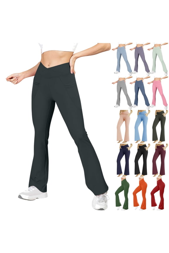 Flare Yoga Pants for Women Casual High Waisted Bell Bottom Full Length Stretch Workout Pants Solid Color Micro Flared Trousers with Pockets Today Prime Sales Gray L