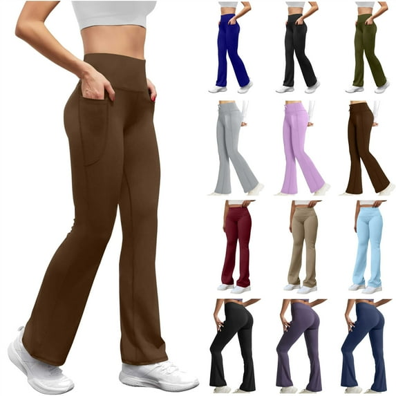 QATAINLAV Flared Leggings with Pockets for Women High Waisted Stretch Bootcut Yoga Pants Tummy Control Gym Workout Running Trousers, Pink, M