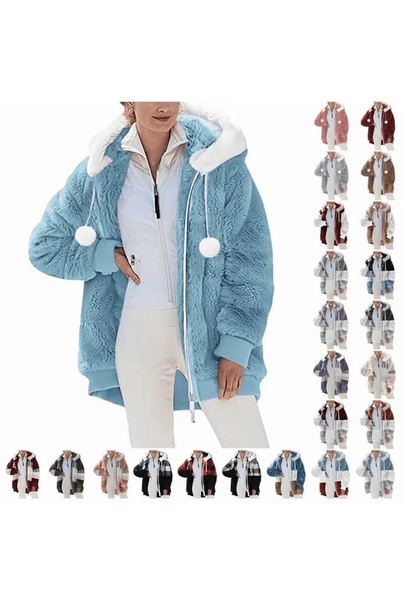 Plus Size Fleece Jacket for Women Casual Full Zip Hooded Cardigan Coats Winter Fuzzy Plush Warm Outerwear, Blue, XXXL