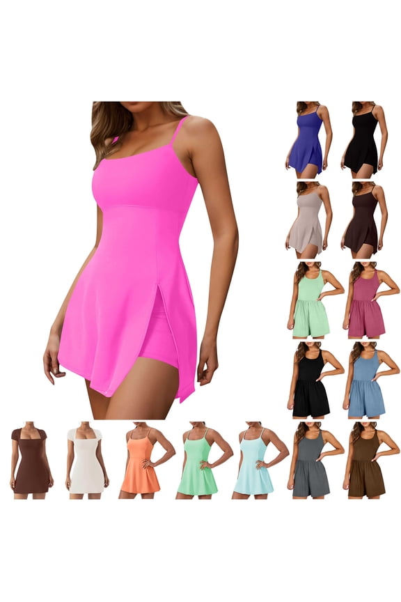 Gifts for Girls, Womens Tennis Dress with Built in Shorts and Bra Spaghetti Straps Athletic Golf Dresses Summer Side Slit Workout Mini Dresses Blue L