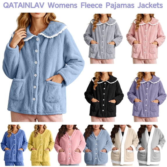 QATAINLAV Fleece Bed Jacket for Women Casual Button Front Pajama Tops Doll Collar with Lace Trim Fuzzy Sleepwear Purple S