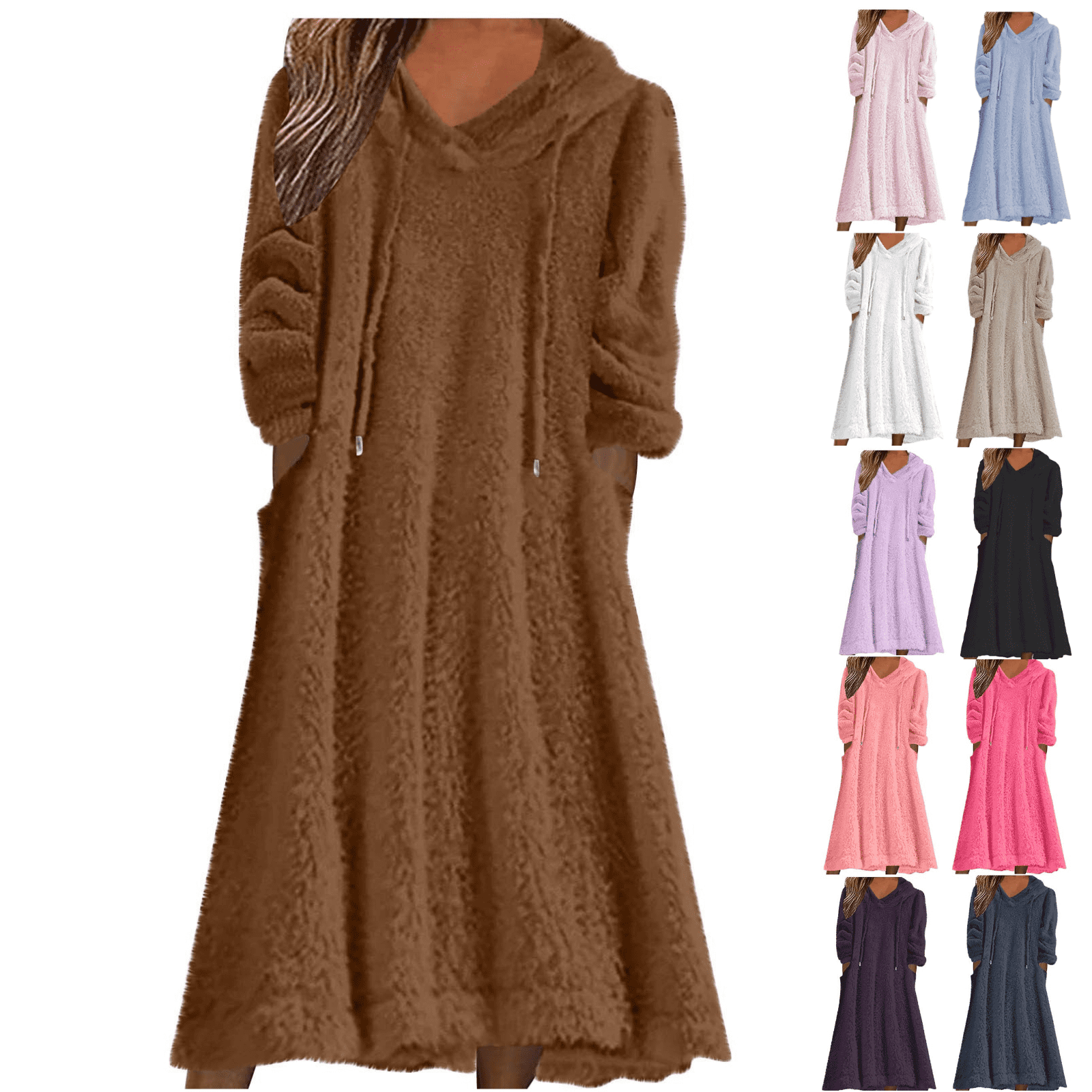 QATAINLAV Fleece Hooded Dress Women Plush Fuzzy Sherpa Long Sweatshirt ...