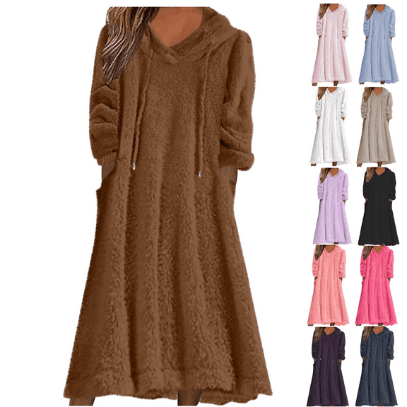 QATAINLAV Fleece Hooded Dress Women Plush Fuzzy Sherpa Long Sweatshirt Robe Dresses Oversized Fluffy Granular Nightgown Pullover Lounger