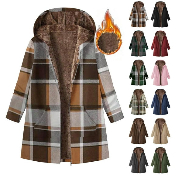 QATAINLAV Fleece Lined Hooded Coat for Women Full Zip Plaid Jacket with Pockets Oversized Long Warm Winter Outwear, Army Green, XL