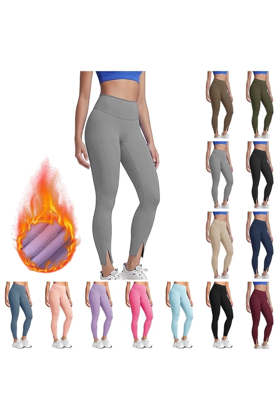 Fleece Lined Leggings Women Warm Winter Clothes Solid Casual Slit Bottom Tights Comfy Stretchy Workout Lounge Yoga Pants, Light Blue, L